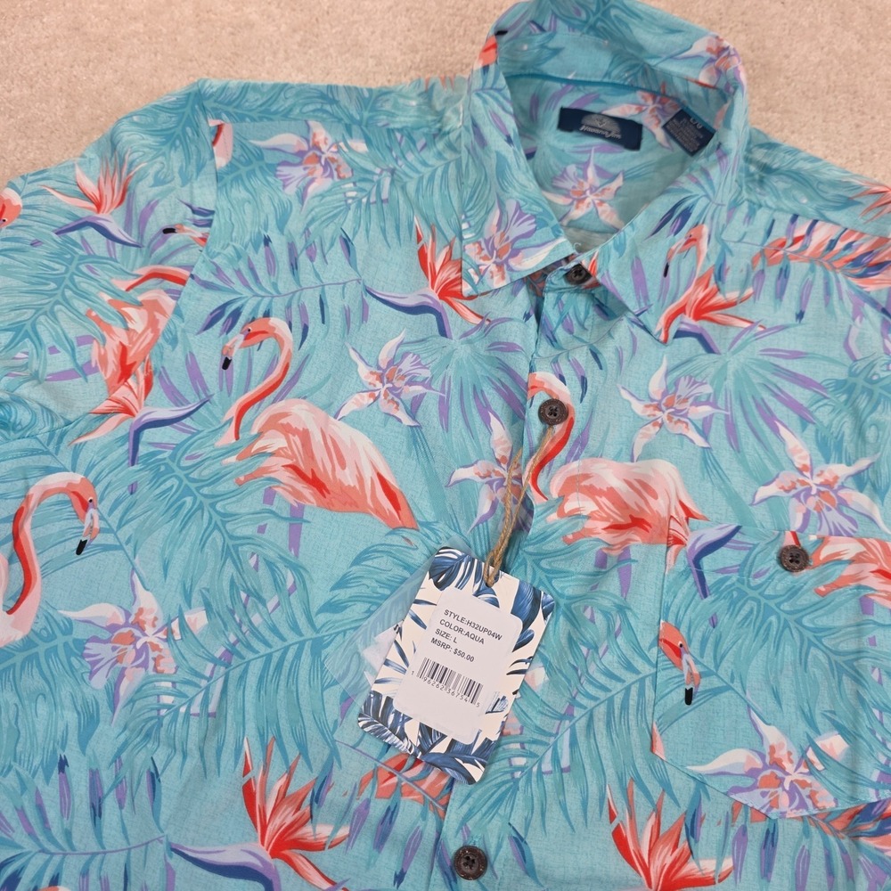 Havana Jim Shirt Mens L Aqua Blue Button Up Tropical Flamingo Hawaiian Beach NWT